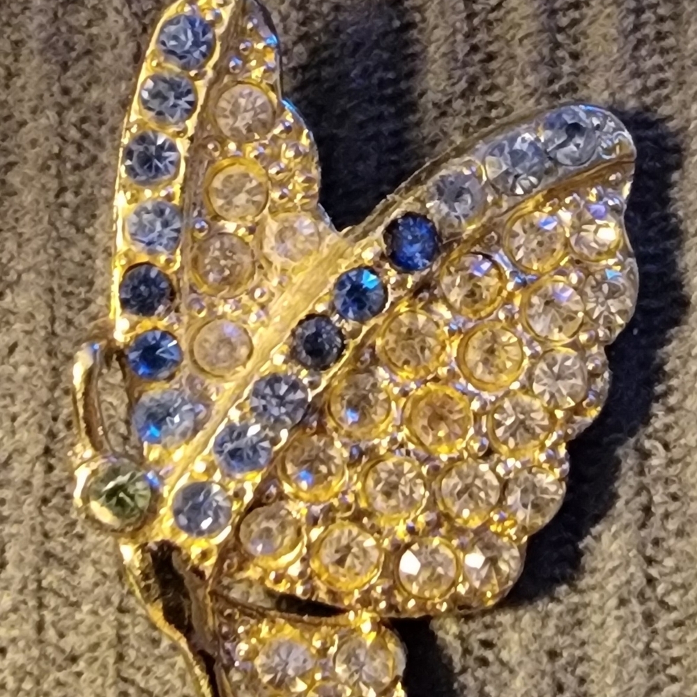 Source Unknown Gold and Blue Crystal Butterfly Brooch